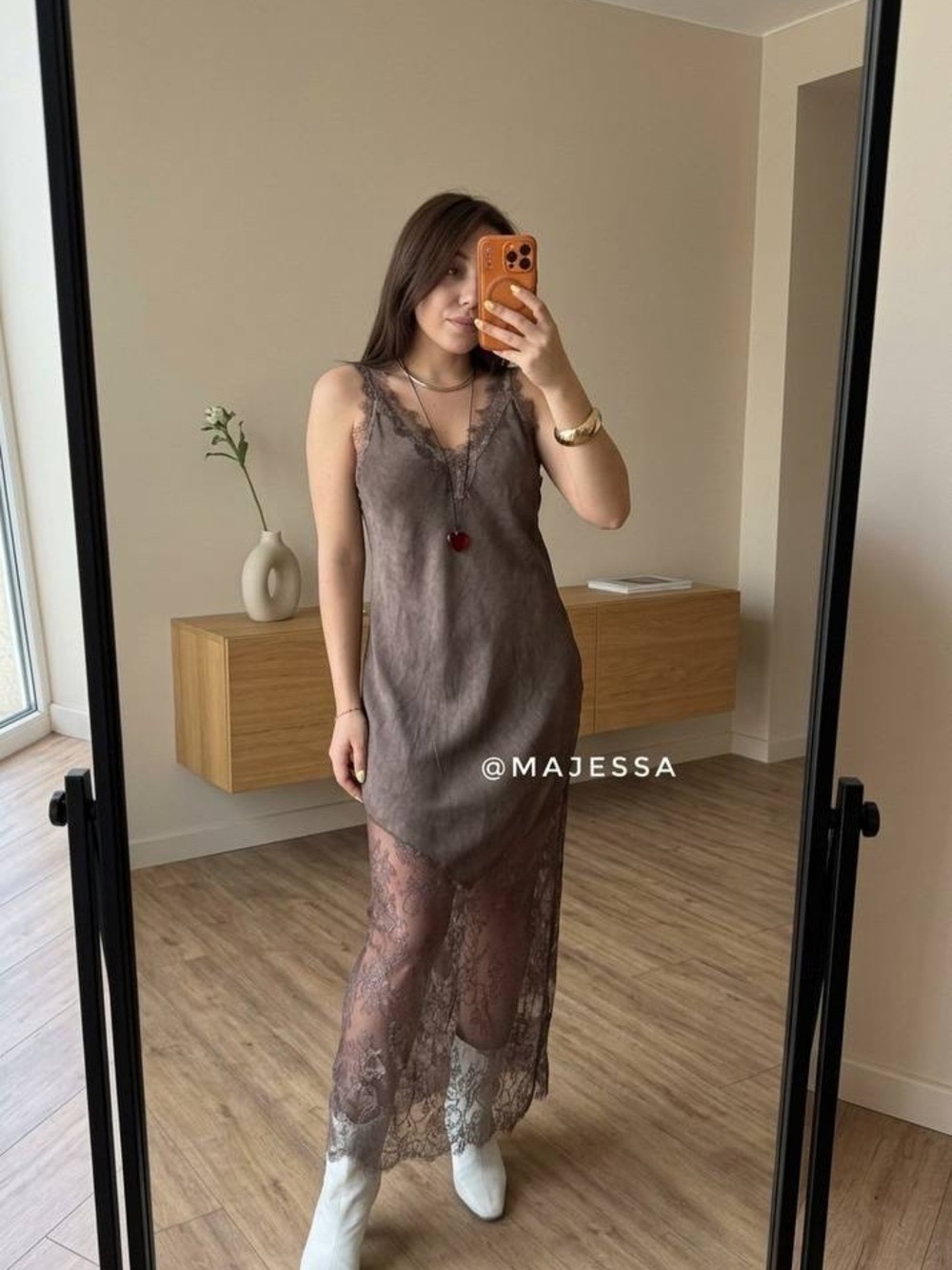 MAJESSA Brown Lace Slip Dress